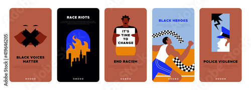 Black lives matter vertical banner template set for discrimination fight or international social issues event. Modern flat illustration of riot fire, protest sign, police injustice concepts and more.