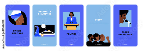 Black lives matter vertical banner template set for minority rights or international social issues event. Modern flat illustration of protest group, politician, police injustice concepts and more.