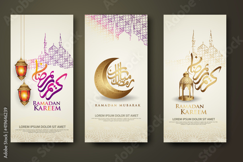 luxury and elegant roll up banner set template, Ramadan Kareem with calligraphy islamic, crescent moon, traditional lantern and mosque pattern texture islamic background