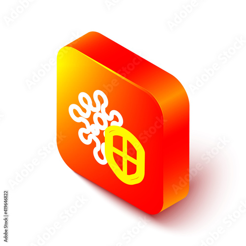 Isometric line Shield protecting from virus, germs and bacteria icon isolated on white background. Immune system concept. Corona virus 2019-nCoV. Orange square button. Vector Illustration.