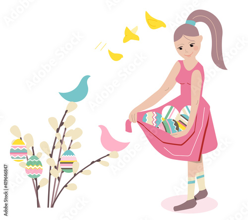 Young girl with painted festive eggs near pussy willow branches. Illustration can be used for Easter and festive templates.