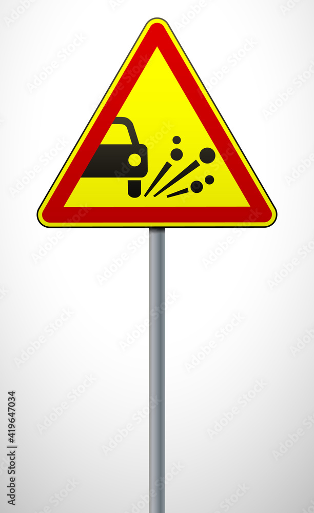 warning road sign throwing stone materials. triangular sign on a metal pole. traffic rules and safe driving. vector illustration. warning road sign throwing stone materials. triangular sign on a metal pole. traffic rules and safe driving. vector illustration.