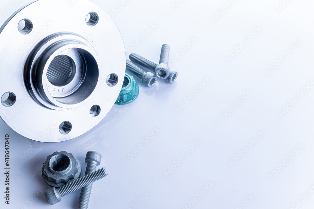 Accessories for cars. Set of new metal car part. Auto motor mechanic spare or automotive piece isolated on white background. Repair and vehicle service. Accessories for cars. Set of new metal car part. Auto motor mechanic spare or automotive piece isolated on white background. Repair and vehicle service.