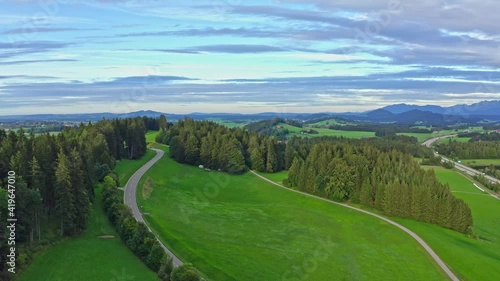 Typical landscape in Bavaria in the Allgau district of the German Alps - aerial view