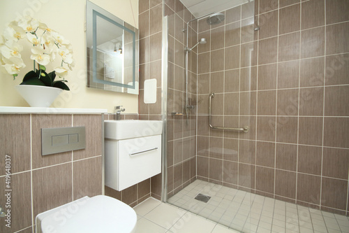 modern bathroom with shower  mirror and flowers