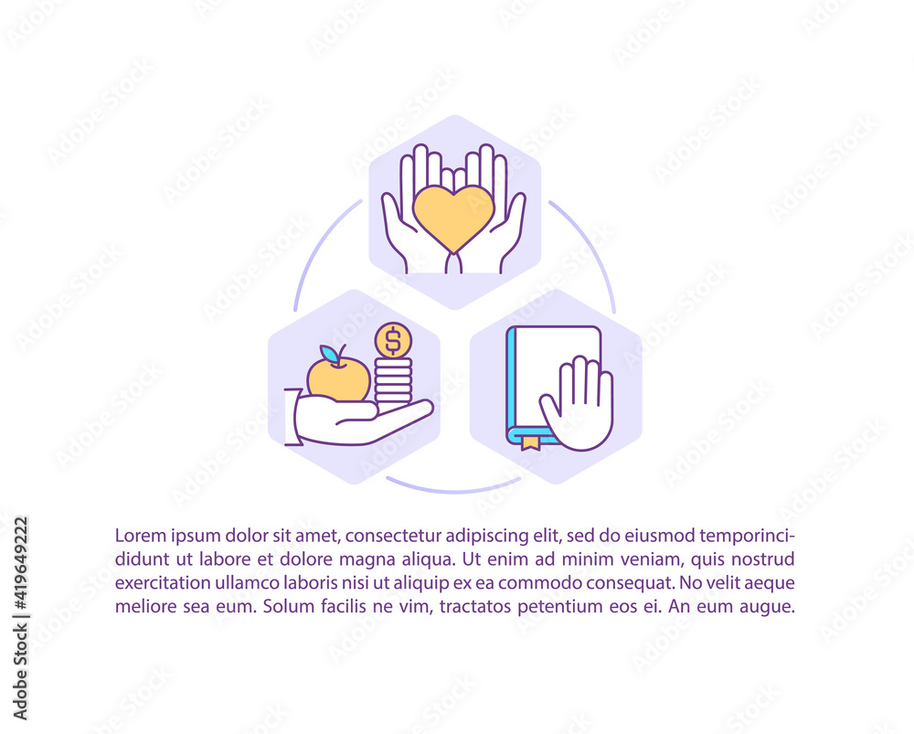 Obraz premium Religion teachings concept icon with text. Religious values. Charity and community support. PPT page vector template. Brochure, magazine, booklet design element with linear illustrations