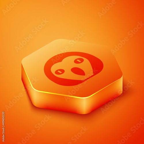 Isometric Owl bird icon isolated on orange background. Animal symbol. Orange hexagon button. Vector.
