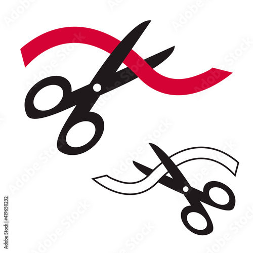 Black scissors cutting red ribbon tape isolated on white background. Vector icon concept of Grand opening. Simple flat design