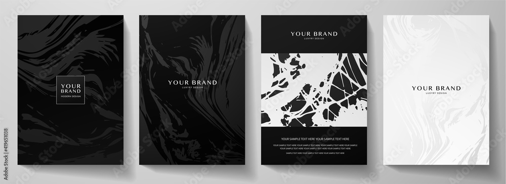Modern black, white cover design set. Creative premium abstract with marble texture, crack on monochrome background. Grunge vector collection for catalog, brochure template, magazine layout, booklet