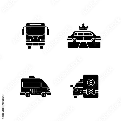 City public transport black glyph icons set on white space. Easy movement around the city. Shuttle buses avaliable. Convenient transportation. Silhouette symbols. Vector isolated illustration photo