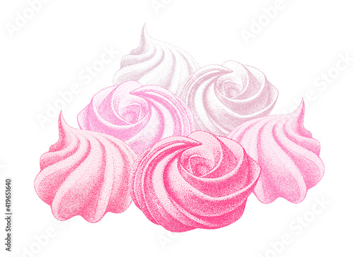 Bunch of airy french meringue pink, marshmallow, zephyr. sweetness, sweet cake, dessert. Hand drawn vector Illustration in graphic vintage retro style