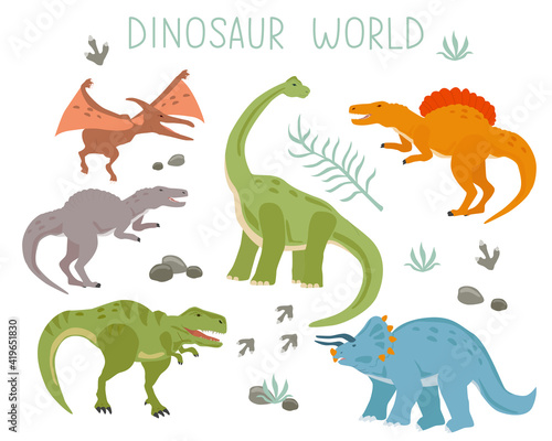 Set with cartoon dinosaurs isolated on a white background. Vector illustration for printing on packaging paper  fabric  postcard  clothing. Cute children s background