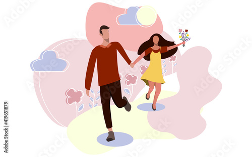 Vector illustration of romantic couple running and holding hands