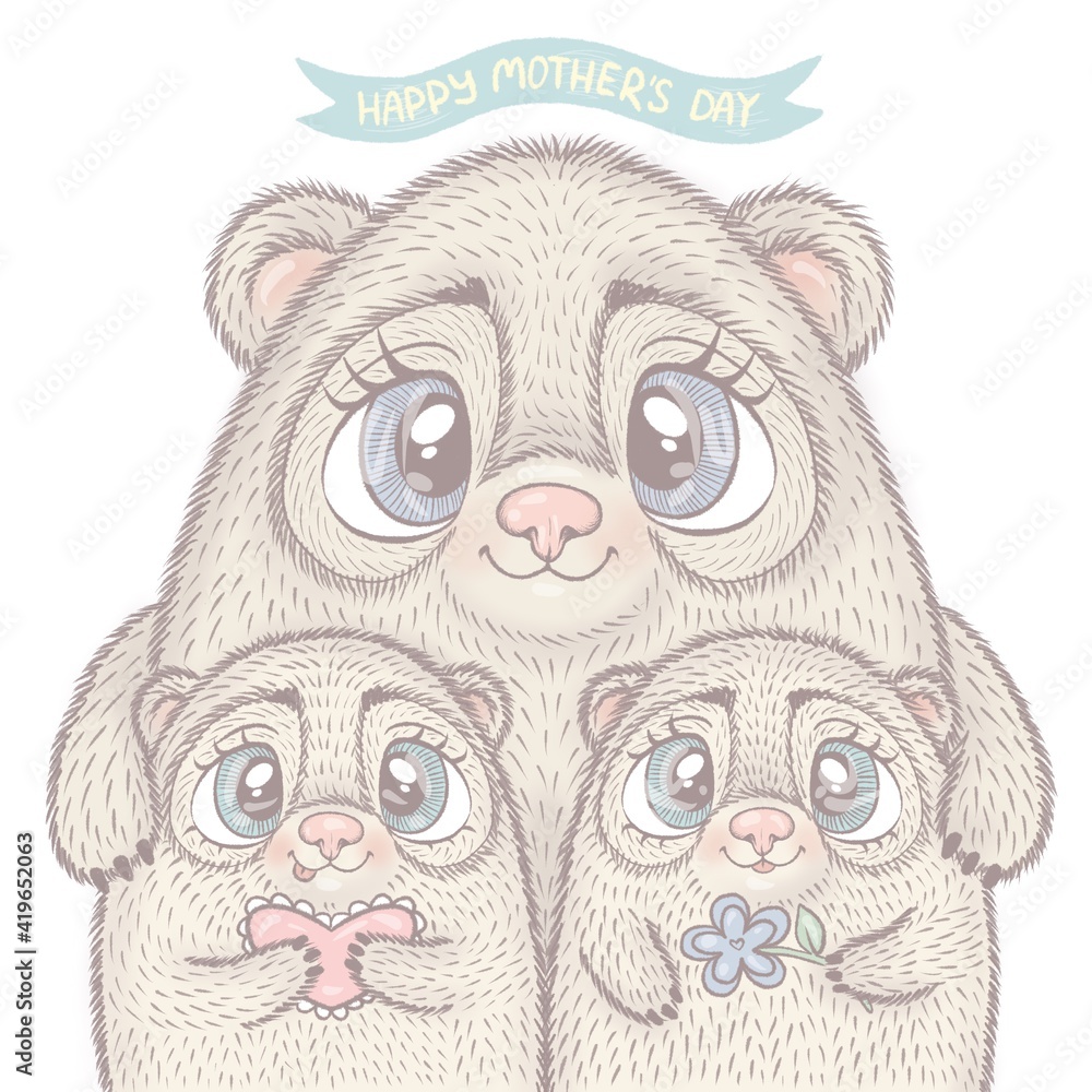 happy mothers day, mom and children in the form of cartoon characters of polar bears, isolated illustration congratulation print