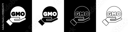 Set GMO icon isolated on black and white background. Genetically modified organism acronym. Dna food modification. Vector.
