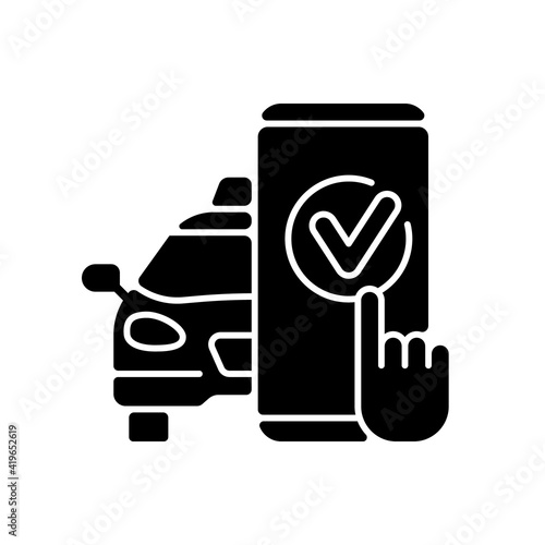 Taxi booking black glyph icon. Online transportation service. Order taxi using your phone. Modern transportation service. Car service. Silhouette symbol on white space. Vector isolated illustration