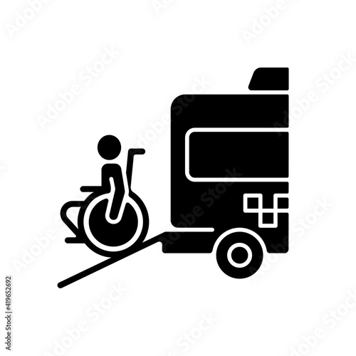 Wheelchair van black glyph icon. Accessible van. Increased mobility of people with disability. Non-emergency medical van. Silhouette symbol on white space. Vector isolated illustration