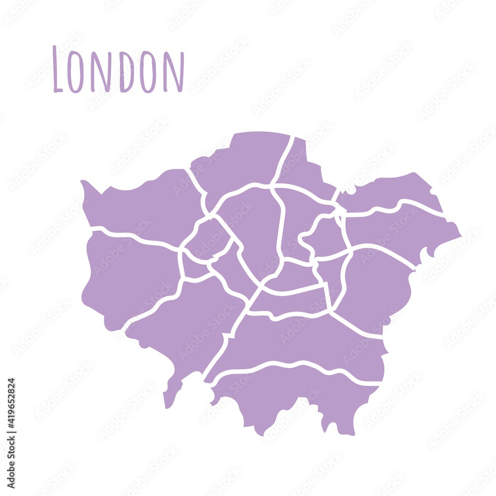 London, UK map silhouette administrative division, vector map isolated on white background. boundary map with streets. High detailed illustration. Capital town.