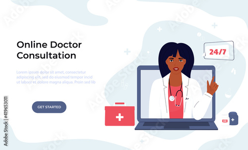 African American woman doctor consults online by video call on laptop. Telemedicine concept. Chat with a medical worker. Web page template.