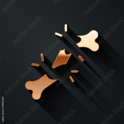 Gold Human broken bone icon isolated on black background. Long shadow style. Vector.