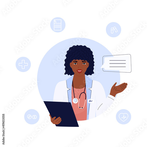 African American woman doctor consults. Telemedicine concept. Chat with a medical worker.