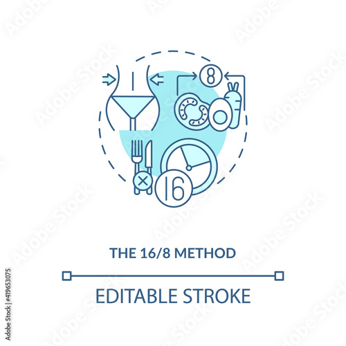 The 16-8 method blue concept icon. Weight loss. Eating plan. Healthy food for nutrition. Intermittent fasting idea thin line illustration. Vector isolated outline RGB color drawing. Editable stroke