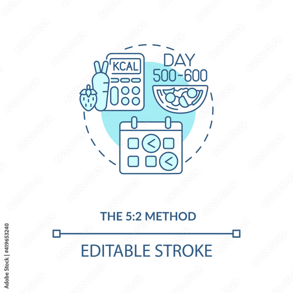 The 5-2 method blue concept icon. Dietary strategy. Eating plan. Nutrition for health. Intermittent fasting idea thin line illustration. Vector isolated outline RGB color drawing. Editable stroke