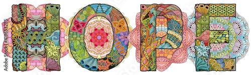 Word HOPE with mandalas. Vector decorative zentangle object for decoration