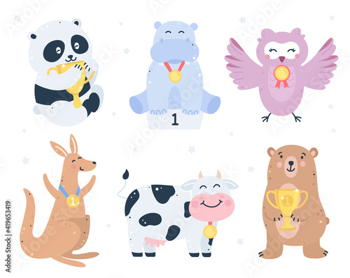 Set of animals with gold medals and cups.
