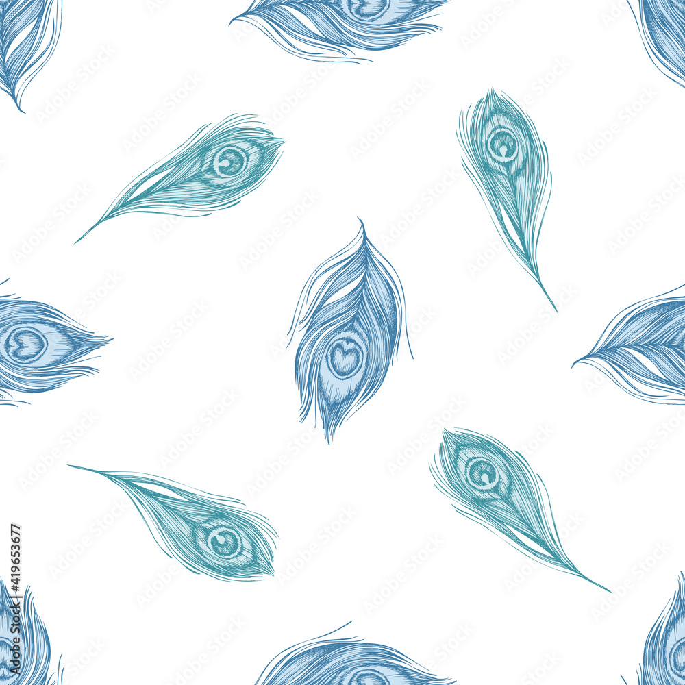 Naklejka premium Seamless pattern with hand drawn pastel peacock feathers