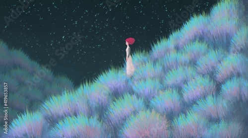 Bilde på lerret Fantasy art ,Women alone on a hill , surreal painting ,Conceptual 3d illustratio