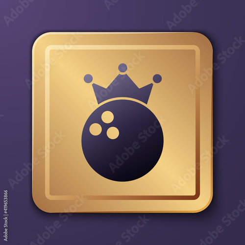 Purple Bowling ball icon isolated on purple background. Sport equipment. Gold square button. Vector.