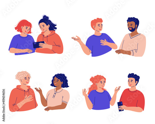 Young couple of friends of men and women are emotionally talking to each other. A group of diverse people, happy teenagers smiling and talking. Vector illustration isolated on white background.