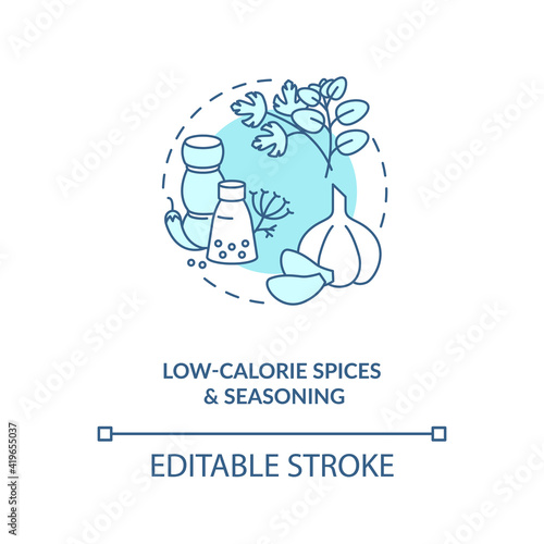 Low calorie spices and seasoning blue concept icon. Weight loss. Cooking healthy food. Intermittent fasting idea thin line illustration. Vector isolated outline RGB color drawing. Editable stroke