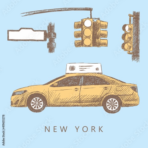 Sketches of a yellow taxi, yellow street lights and a street sign, New York, USA. Vintage old design, hand-drawn, vector. Silhouettes from lines. Collection for retro style design. 