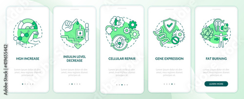Intermittent fasting health effects green onboarding mobile app page screen with concept. HGH increase. Health walkthrough 5 steps graphic instructions. UI vector template with RGB color illustrations