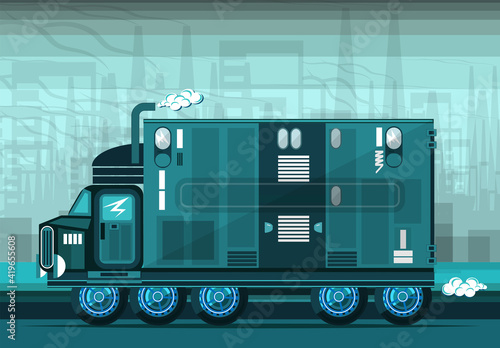 A large refrigerated truck drives along the road against the backdrop of industrial buildings. Blue palette