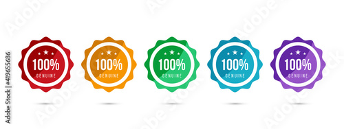 100% genuine logo or icon badge with stars in rounded guarantee shape. Get used to Certified, Guarantee, Warranty, Assurance, etc. Vector illustration design template.