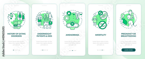 Intermittent fasting precaution green onboarding mobile app page screen with concepts. Diet and health walkthrough 5 steps graphic instructions. UI vector template with RGB color illustrations