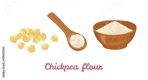 Chickpea flour in wooden spoon, bowl and heap of legumes isolated on white background. Vector illustration of healthy organic food in cartoon flat style.