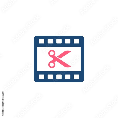 Video Editing glyph style icon. Film roll with scissors cut on it. Premium vector icon