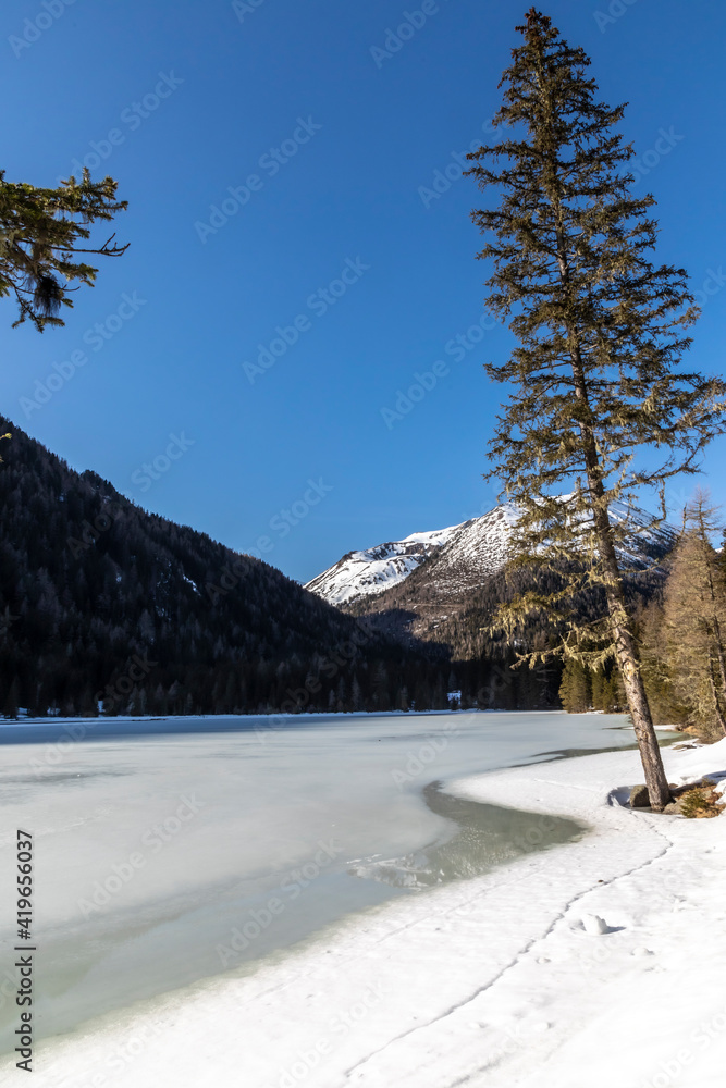 winter on lake etrachsee in styria, austria