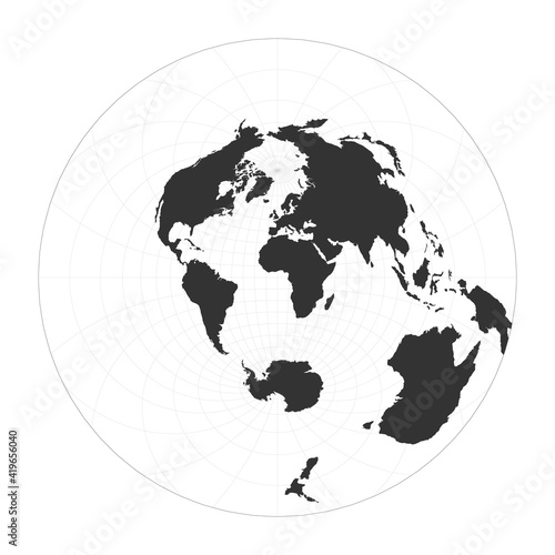 Map of the world. Airy's minimum-error azimuthal projection. Globe with latitude and longitude net. World map on meridians and parallels background. Vector illustration.