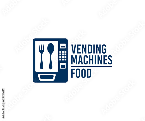 Vending machines on sale of food and snacks, logo design. Buying food in packaging and food packs, automatic selling or sell, consumption and technology, vector design and illustration