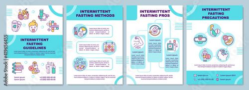 Intermittent fasting guidelines brochure template. Pros, precautions. Flyer, booklet, leaflet print, cover design with linear icons. Vector layouts for magazines, annual reports, advertising posters