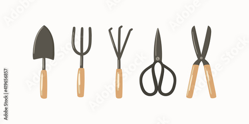 Gardening tools hand drawn vector illustration set. Garden equipment - trowel, fork, cultivator, scissors, shears
