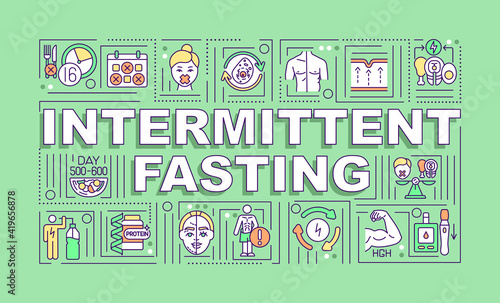 Intermittent fasting word concepts banner. Dietary plan. Healthy eating. Infographics with linear icons on green background. Isolated typography. Vector outline RGB color illustration