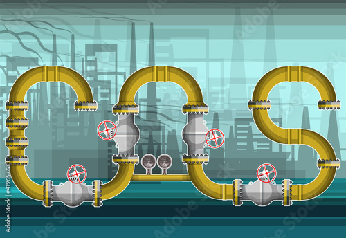 The word Gas, formed from fragments of a pipeline with valves, flanges and pressure gauges against the background of industrial buildings