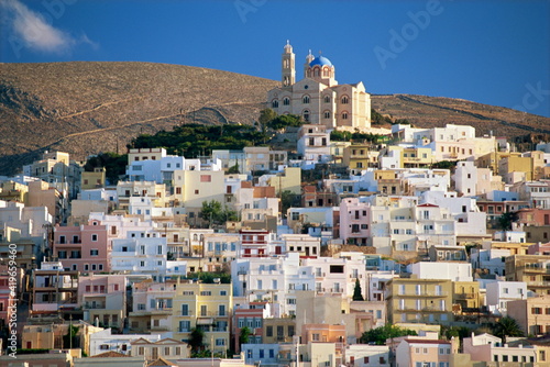 City skyline and church of Anastasis, Ermoupolis City, Syros, Cyclades, Greek Islands, Greece photo