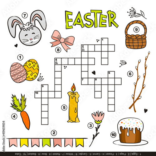 Easter crossword for kids. Children's festive game with cartoon elements. Rabbit, painted eggs, basket, cake, willow, candle. Vector illustration